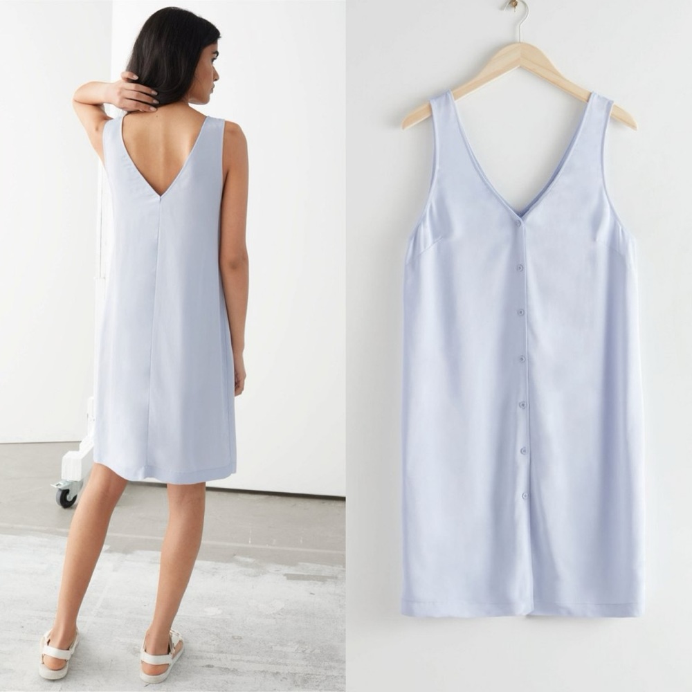 & Other Stories Eco Cupro Button Up Sleeveless Mini Shift Dress Blue EU 36 US 6 - Picture 2 of 11